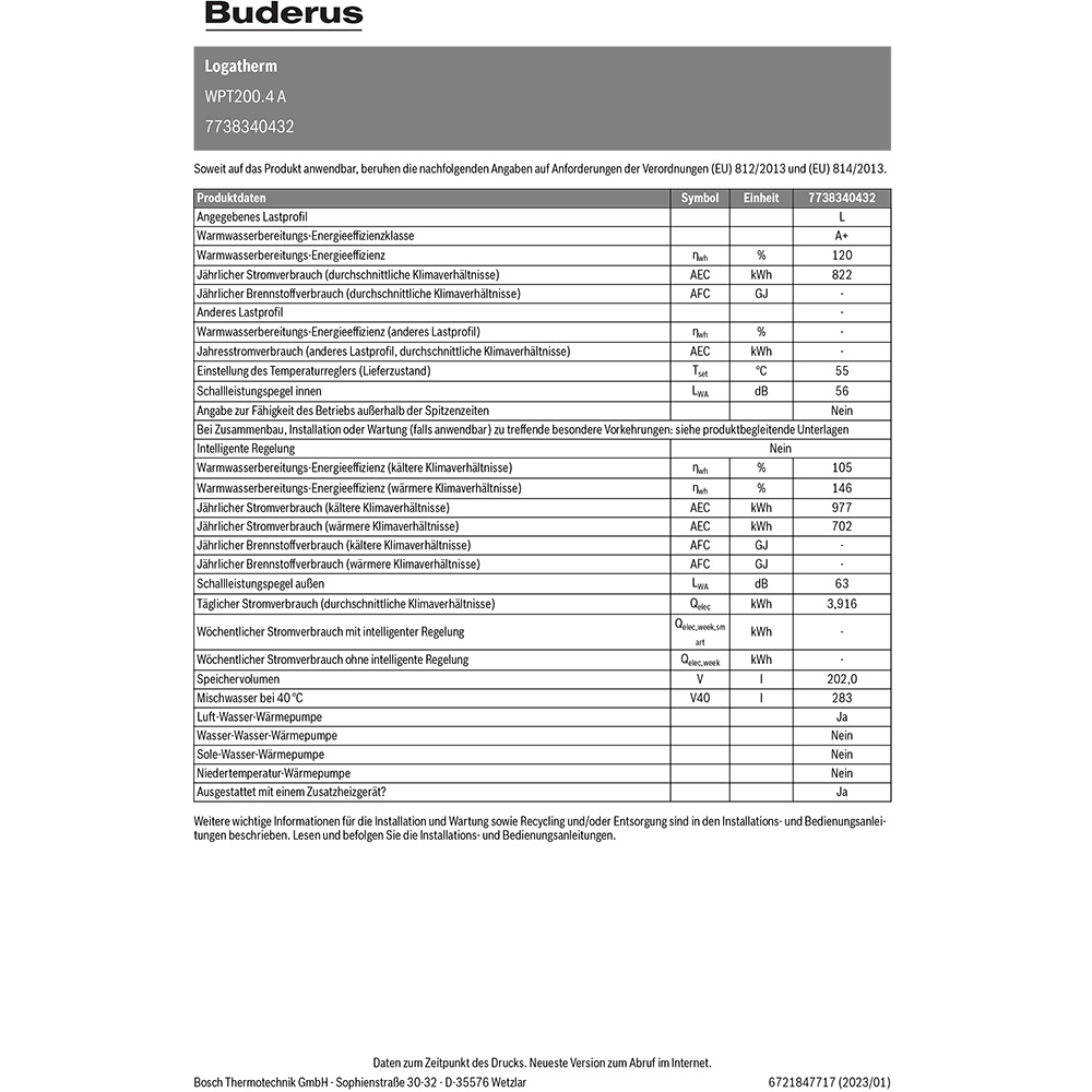 Buderus WPT200.4 A, Logatherm Warmwasser-Wärmepumpe 7738340432