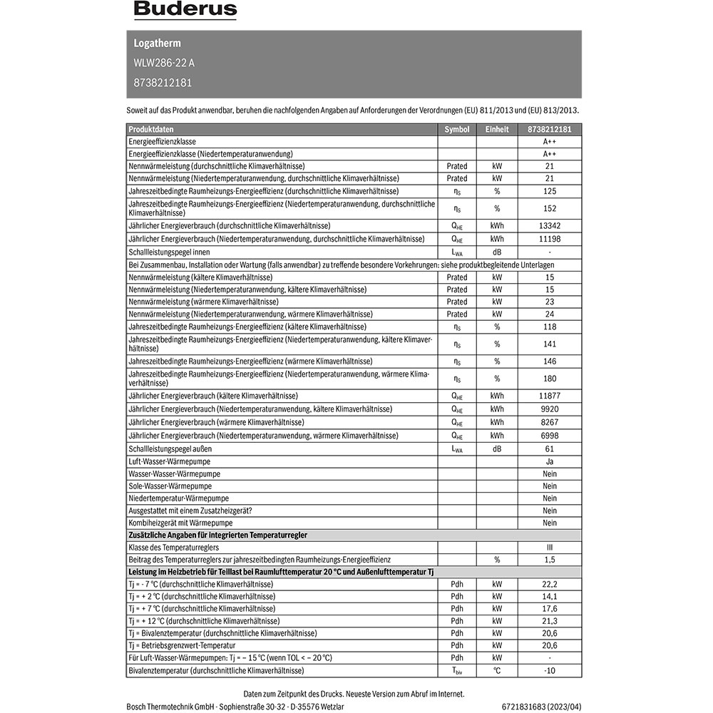 Buderus Luft-Wasser-Wärmepumpe Logatherm WLW286-22 A mit Logamatic WPM100