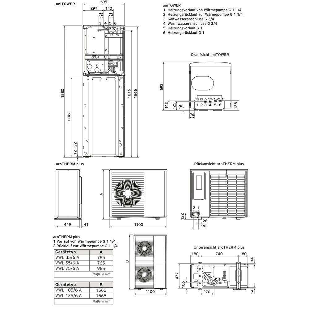 Vaillant aroTHERM plus 55/6 A mit uniTOWER plus Luft/Wasser Heizungswärmepumpe